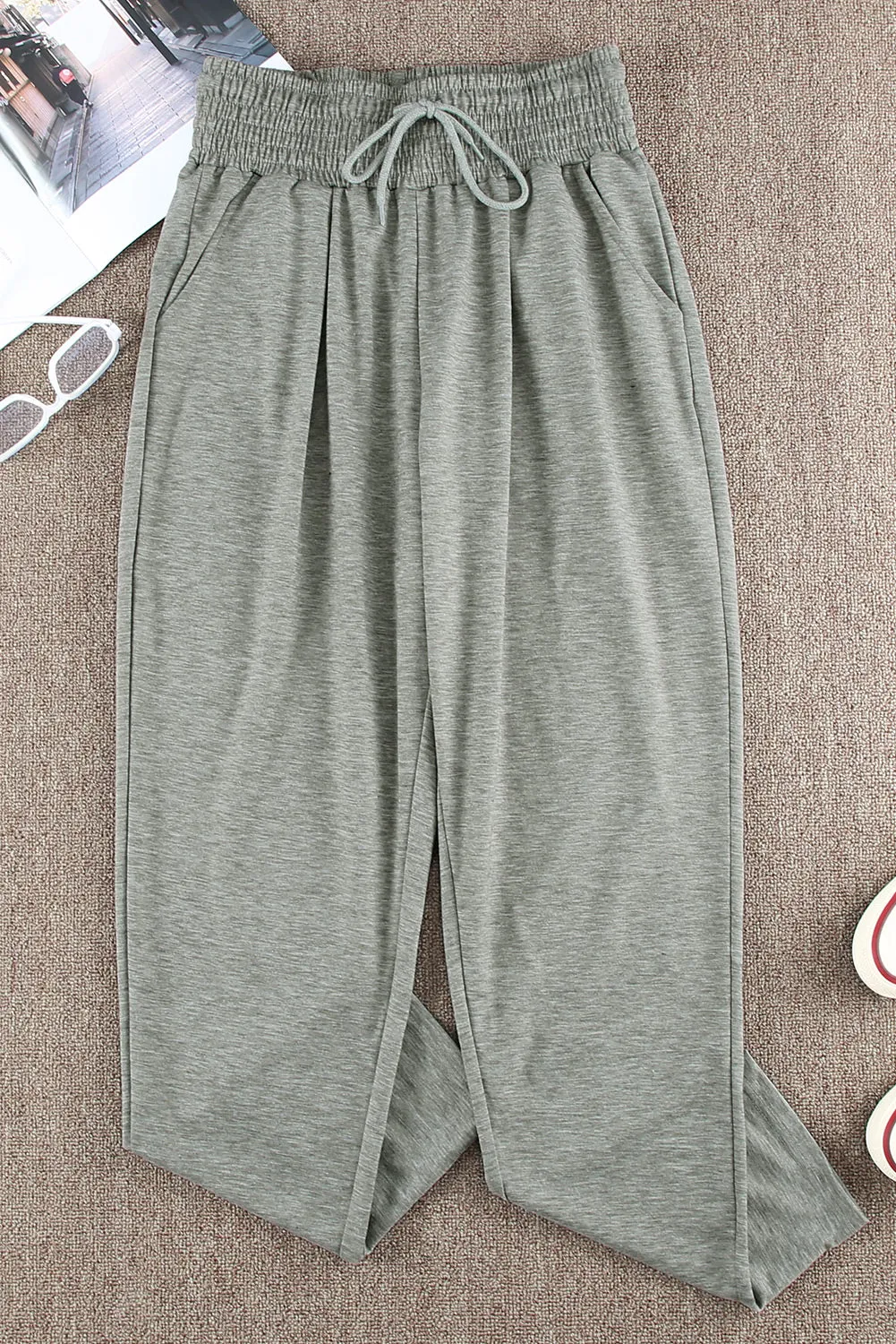 Smocked Elastic Waist Pocketed Harem Pants