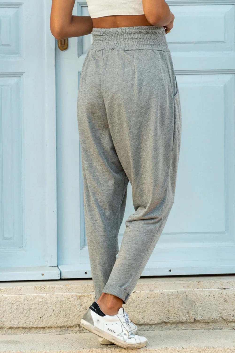 Smocked Elastic Waist Pocketed Harem Pants