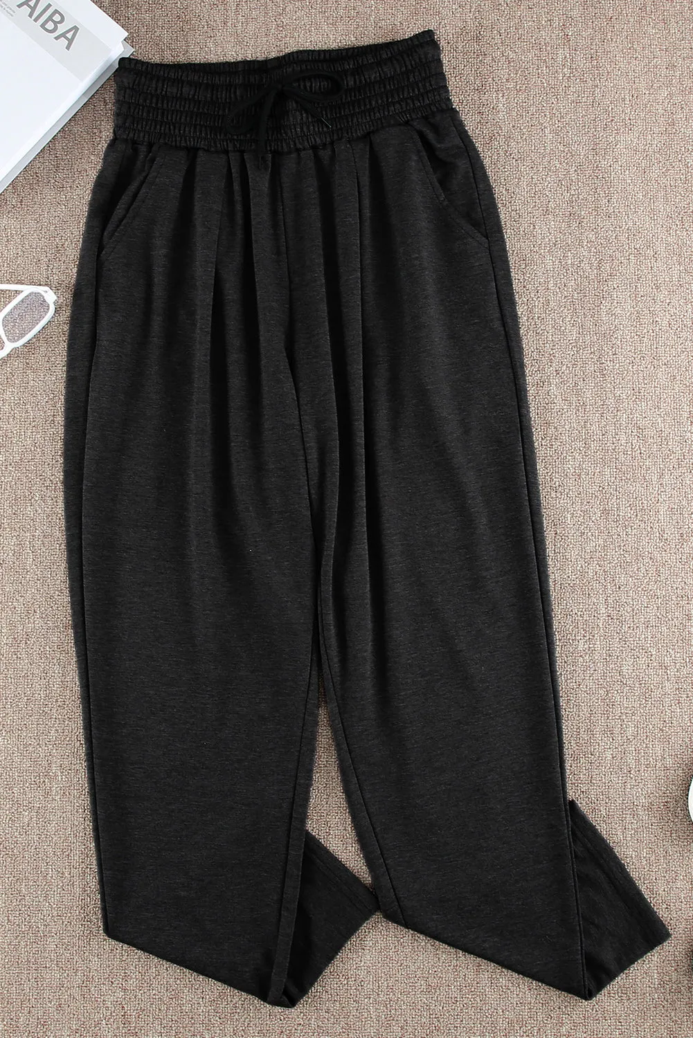 Smocked Elastic Waist Pocketed Harem Pants