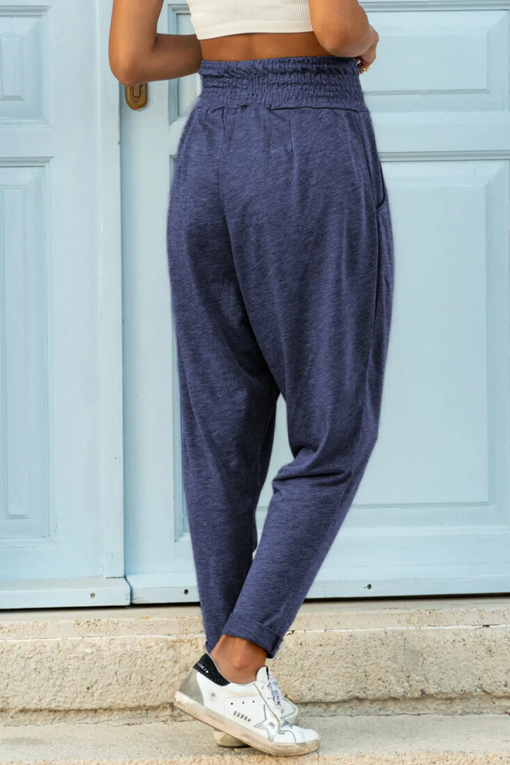 Smocked Elastic Waist Pocketed Harem Pants
