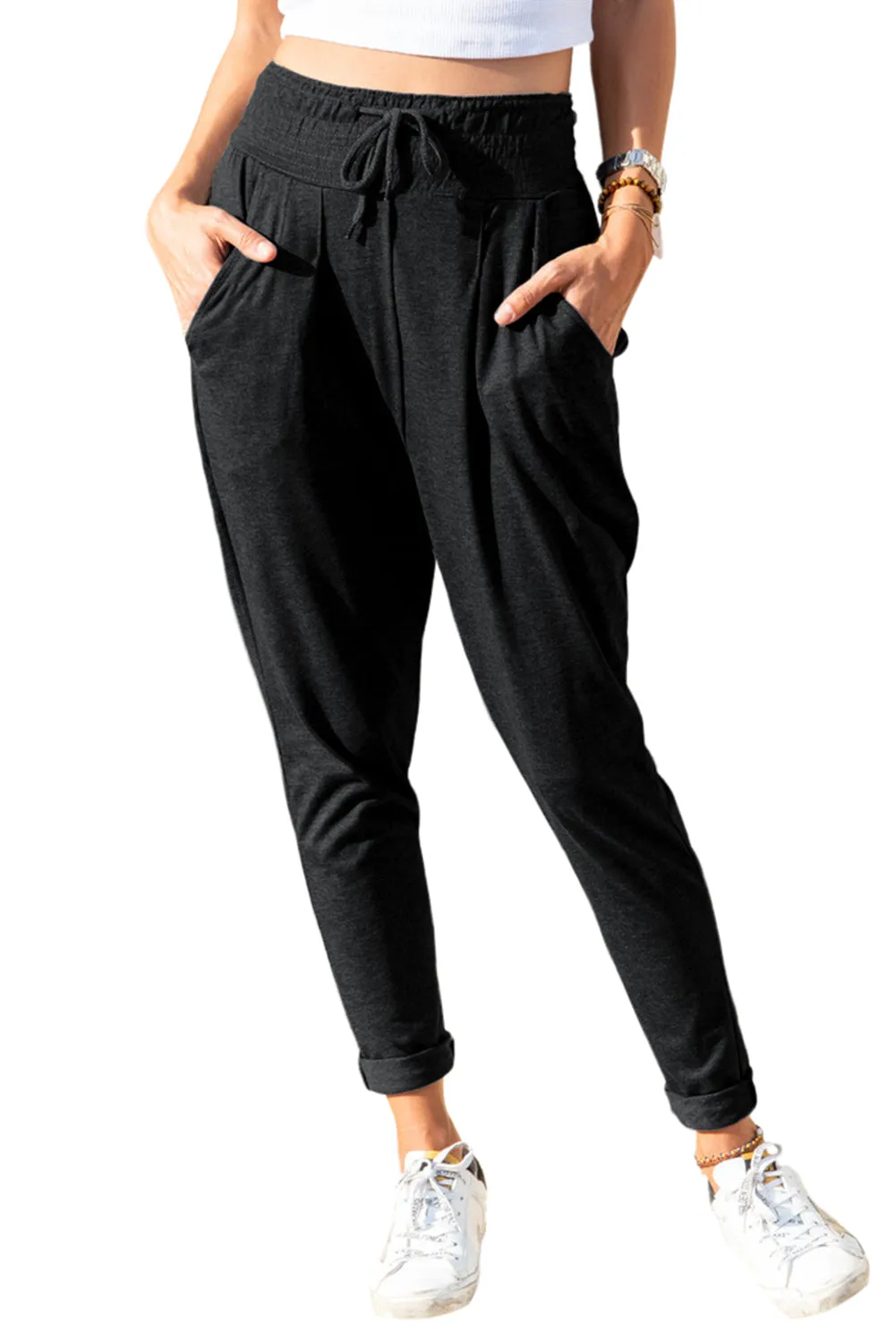 Smocked Elastic Waist Pocketed Harem Pants