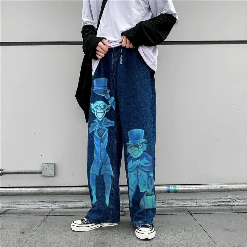 Spoof print casual street style denim trousers