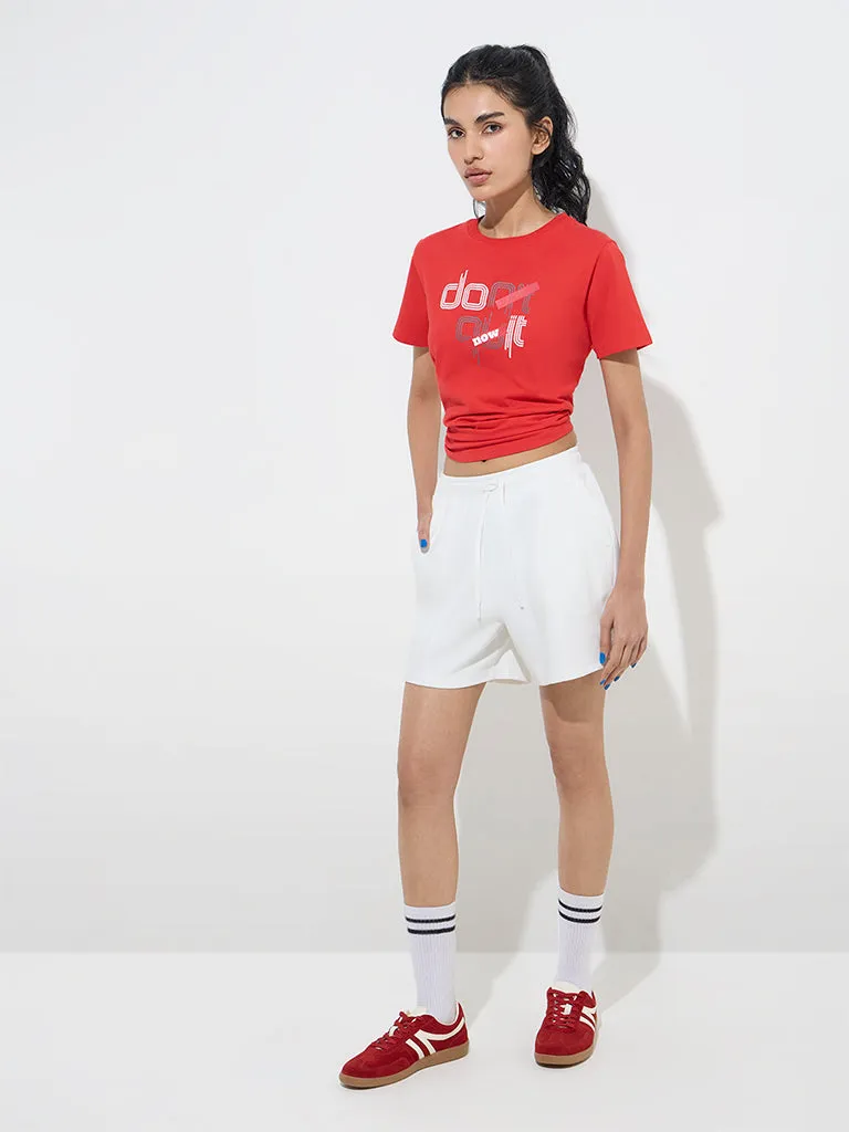 Studiofit Red Text Design Cotton-Blend T-Shirt