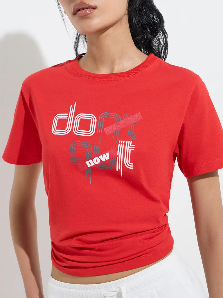 Studiofit Red Text Design Cotton-Blend T-Shirt