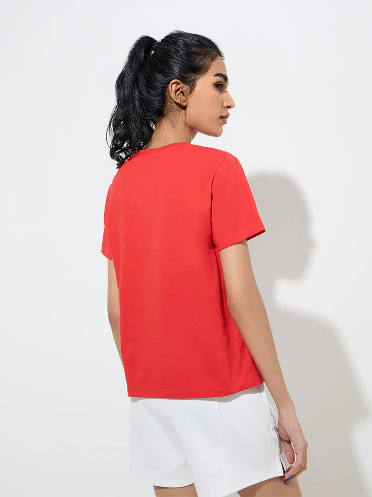 Studiofit Red Text Design Cotton-Blend T-Shirt