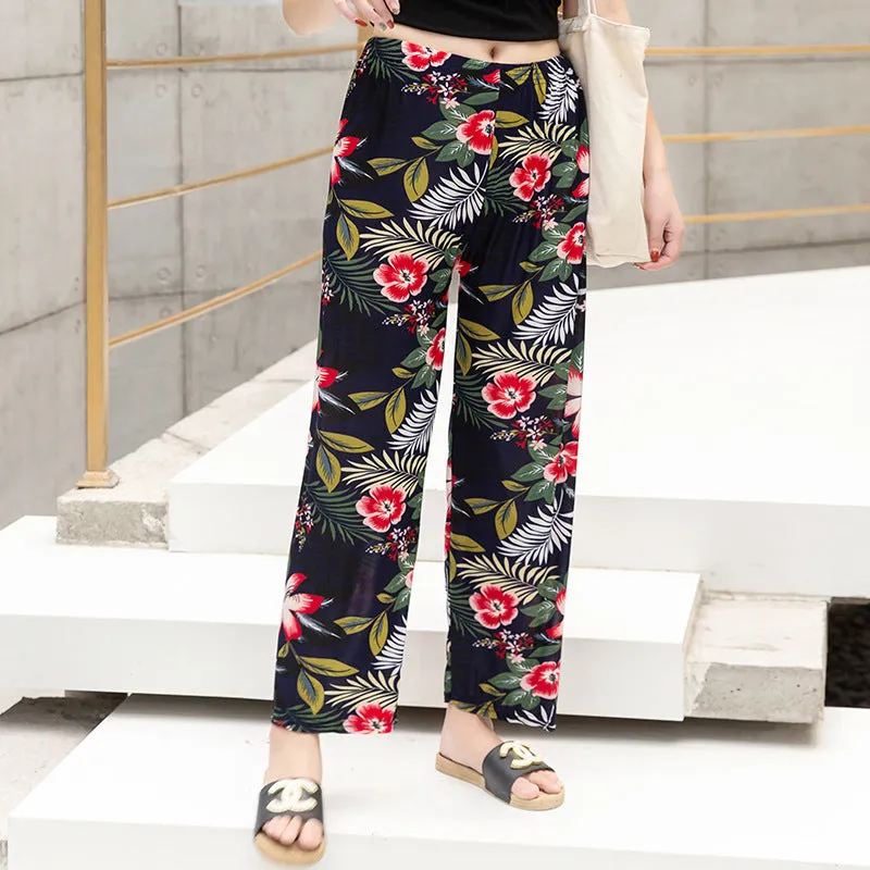 Summer Wide Legged Pants Plus Size Loose Casual Anti Mosquito Women Ankle-Length Mom Ice Silk Pants