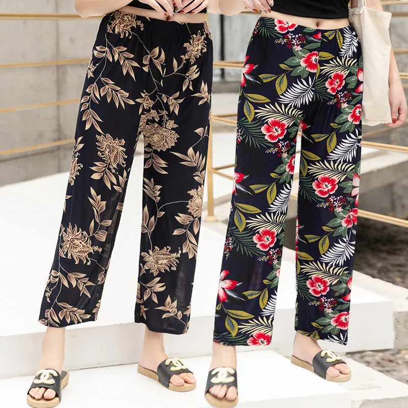 Summer Wide Legged Pants Plus Size Loose Casual Anti Mosquito Women Ankle-Length Mom Ice Silk Pants