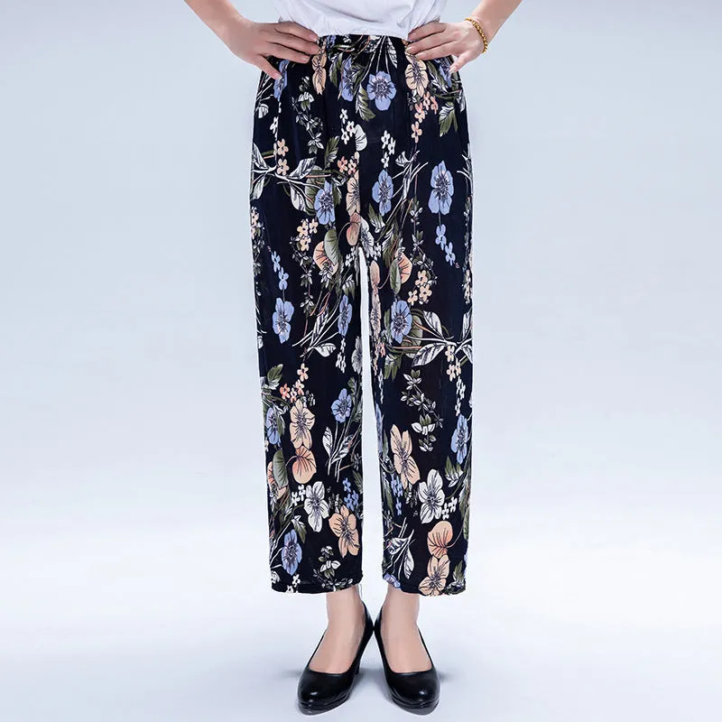 Summer Wide Legged Pants Plus Size Loose Casual Anti Mosquito Women Ankle-Length Mom Ice Silk Pants