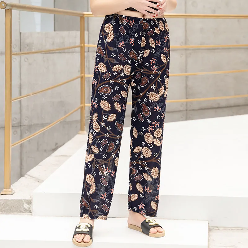 Summer Wide Legged Pants Plus Size Loose Casual Anti Mosquito Women Ankle-Length Mom Ice Silk Pants