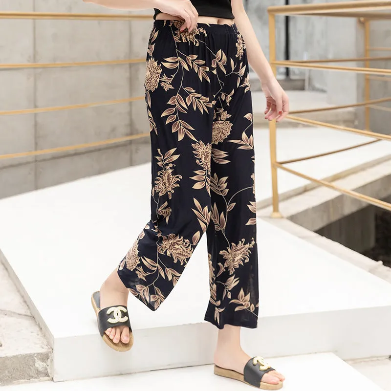 Summer Wide Legged Pants Plus Size Loose Casual Anti Mosquito Women Ankle-Length Mom Ice Silk Pants