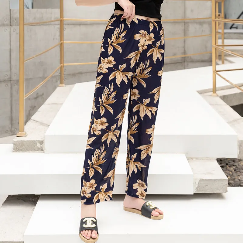 Summer Wide Legged Pants Plus Size Loose Casual Anti Mosquito Women Ankle-Length Mom Ice Silk Pants