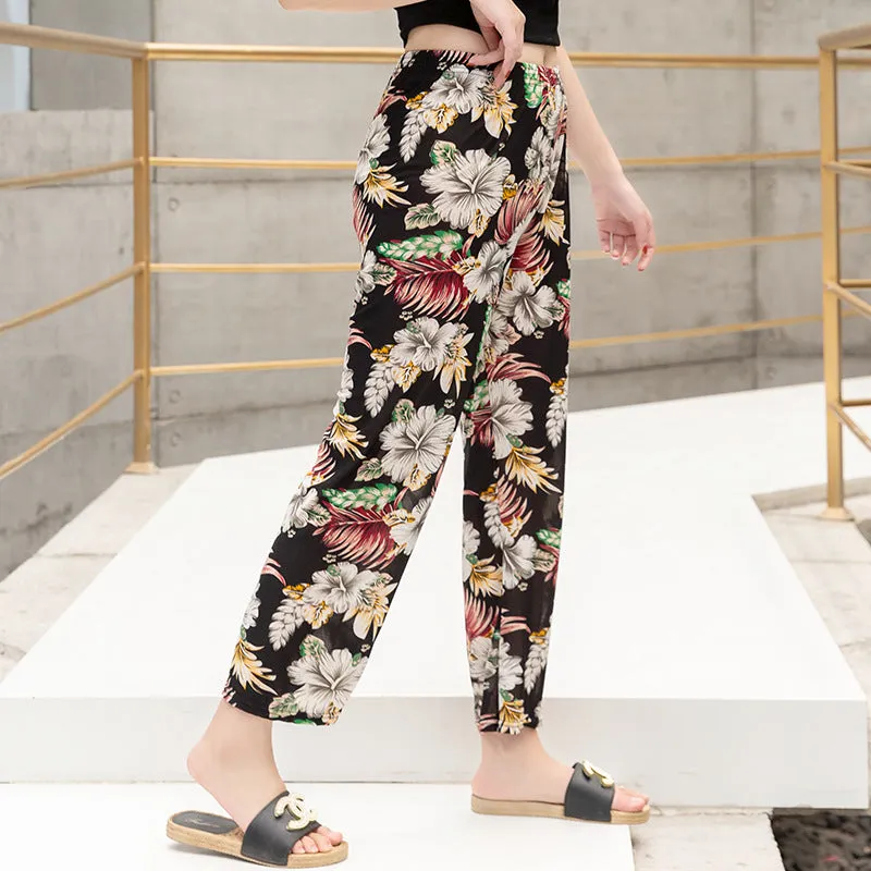 Summer Wide Legged Pants Plus Size Loose Casual Anti Mosquito Women Ankle-Length Mom Ice Silk Pants
