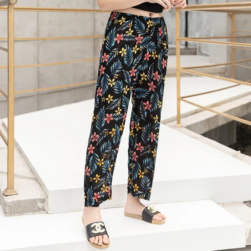 Summer Wide Legged Pants Plus Size Loose Casual Anti Mosquito Women Ankle-Length Mom Ice Silk Pants