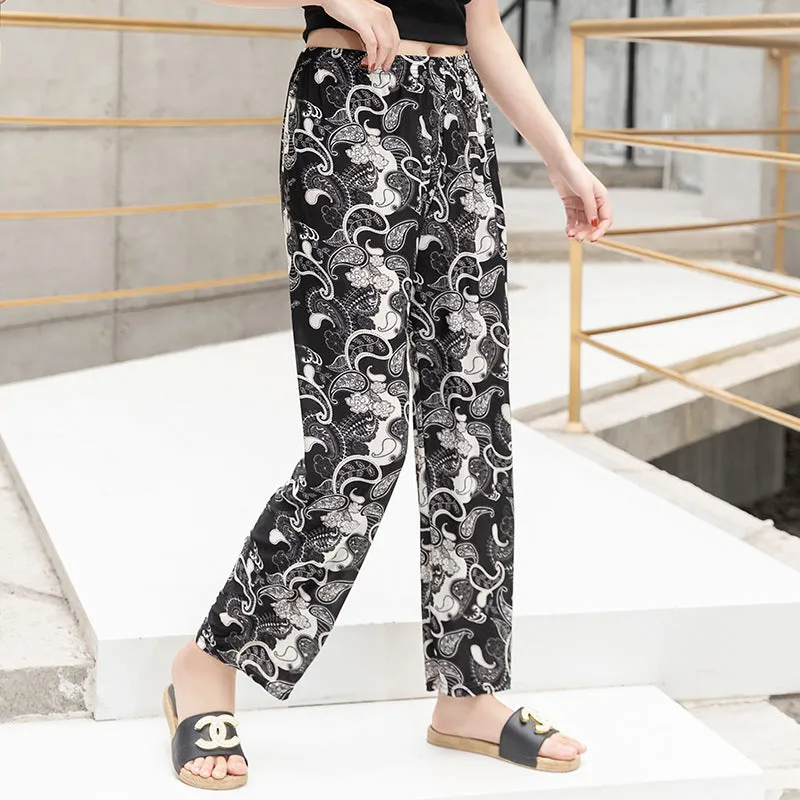 Summer Wide Legged Pants Plus Size Loose Casual Anti Mosquito Women Ankle-Length Mom Ice Silk Pants