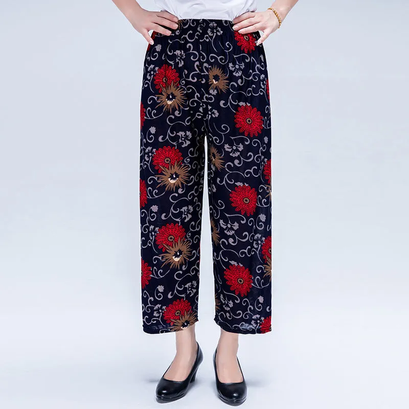 Summer Wide Legged Pants Plus Size Loose Casual Anti Mosquito Women Ankle-Length Mom Ice Silk Pants