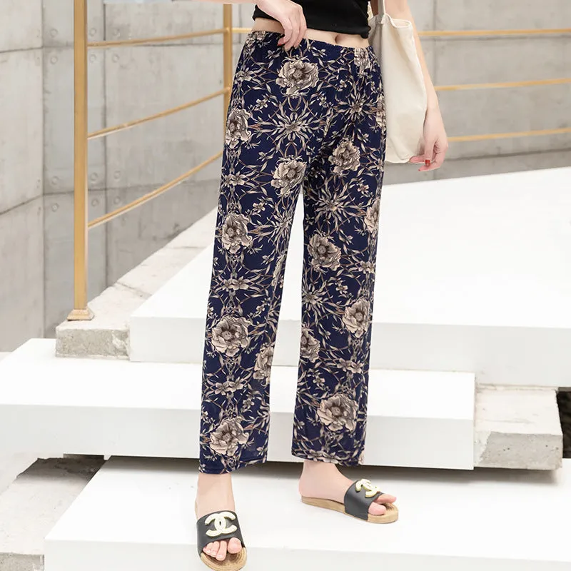 Summer Wide Legged Pants Plus Size Loose Casual Anti Mosquito Women Ankle-Length Mom Ice Silk Pants