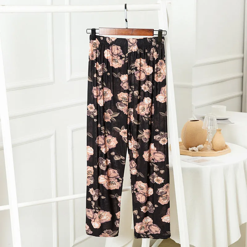 Summer Wide Legged Pants Plus Size Loose Casual Anti Mosquito Women Ankle-Length Mom Ice Silk Pants