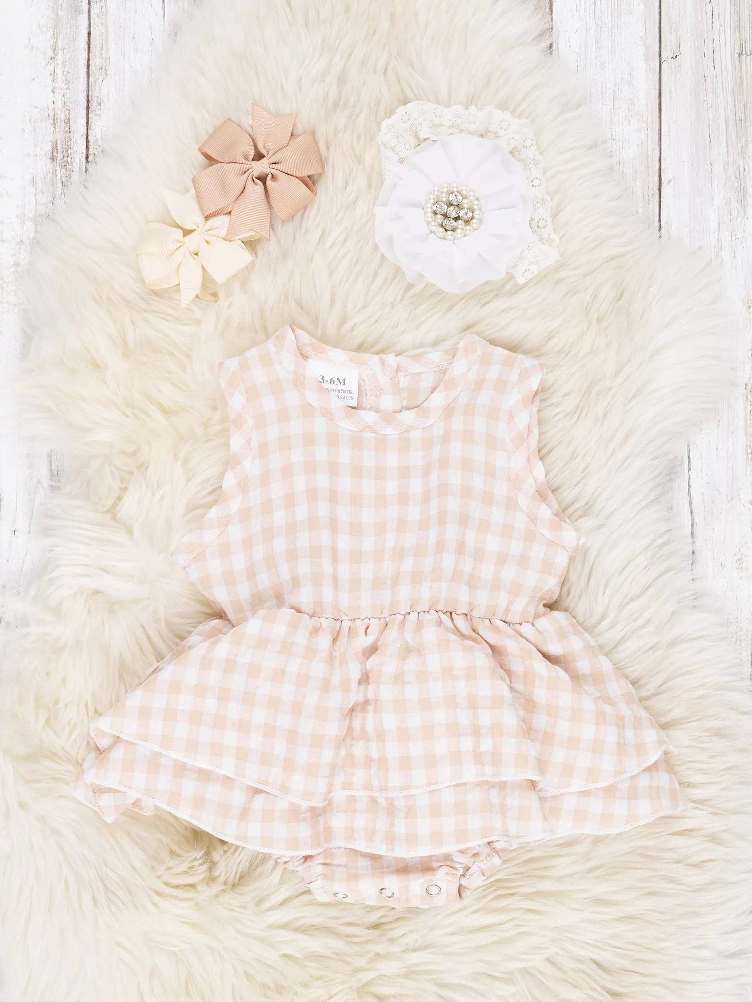 Tan Gingham Dressy Ruffle Romper