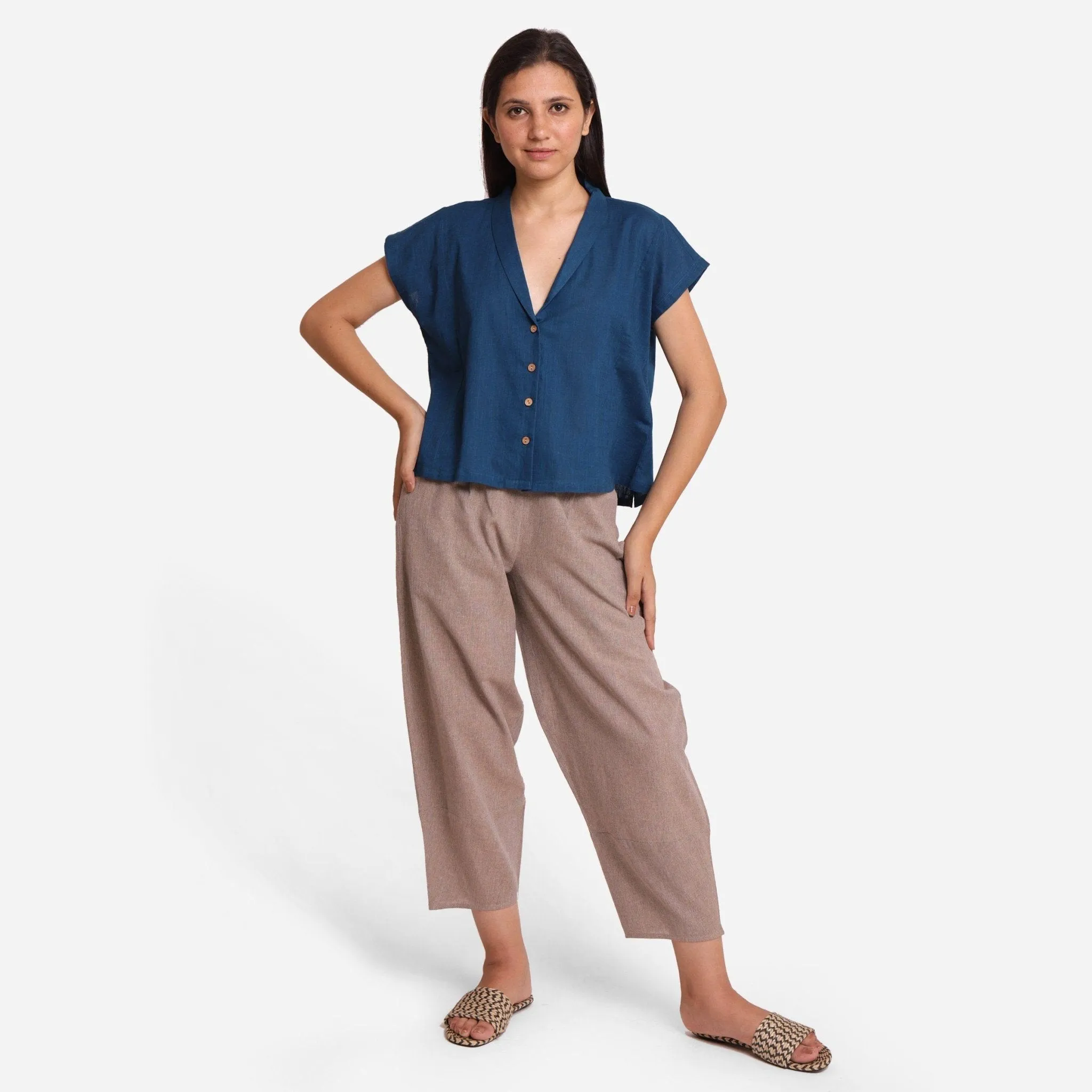Teal Shawl Collar Button-Down Cotton Crop Top