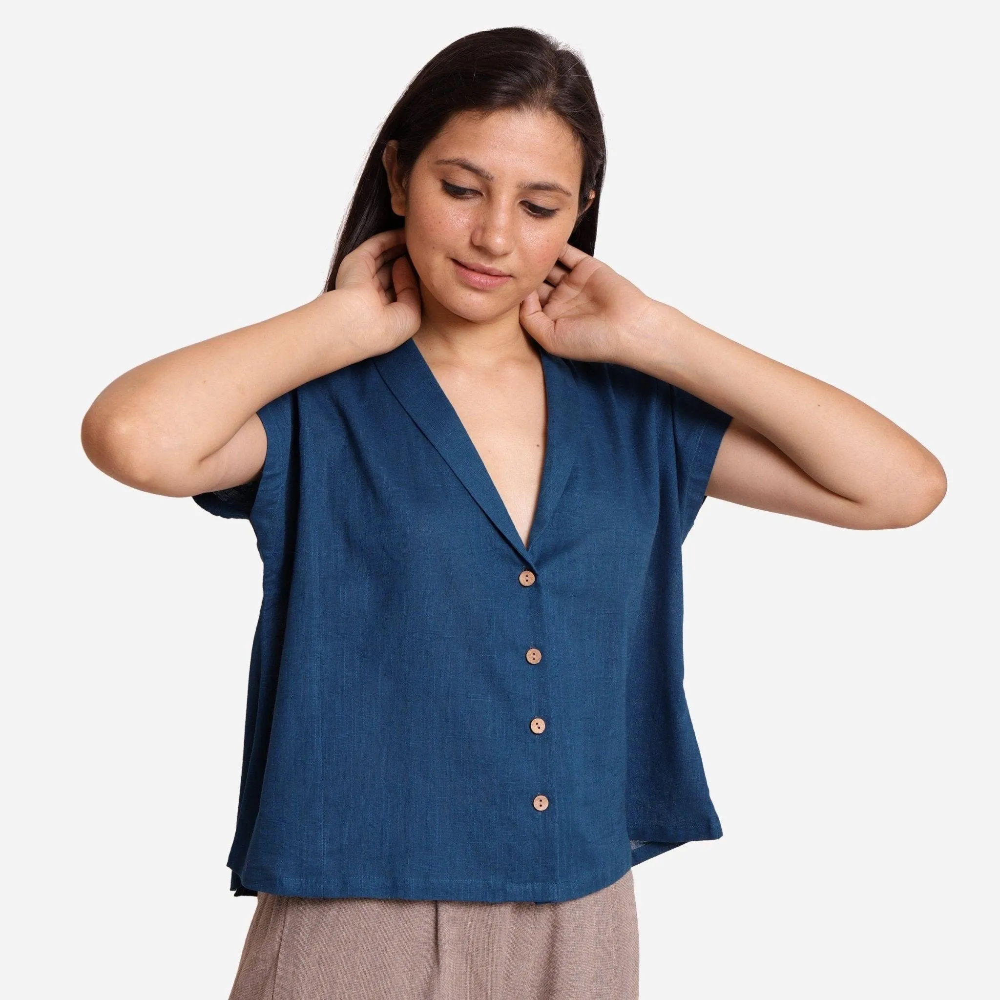 Teal Shawl Collar Button-Down Cotton Crop Top