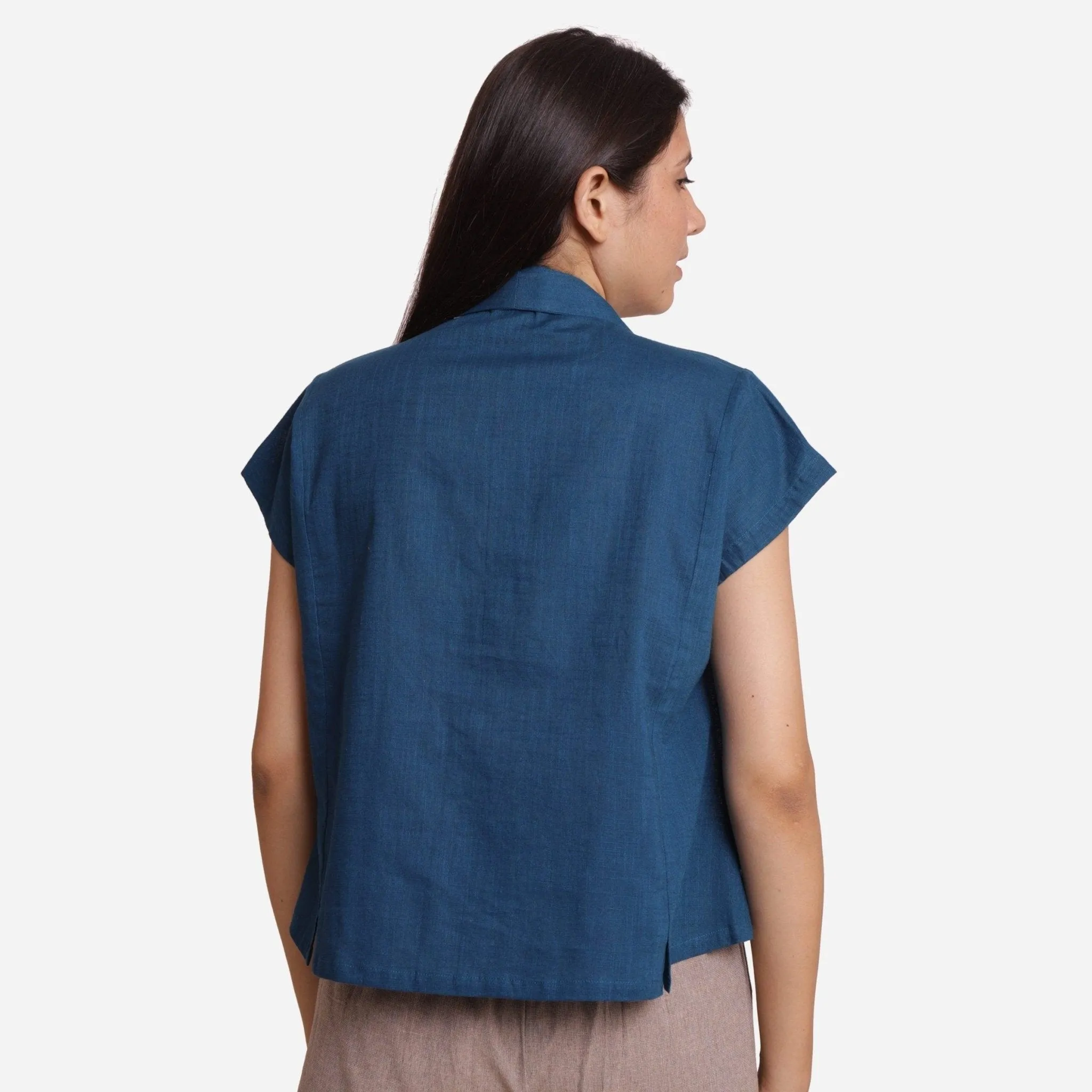Teal Shawl Collar Button-Down Cotton Crop Top