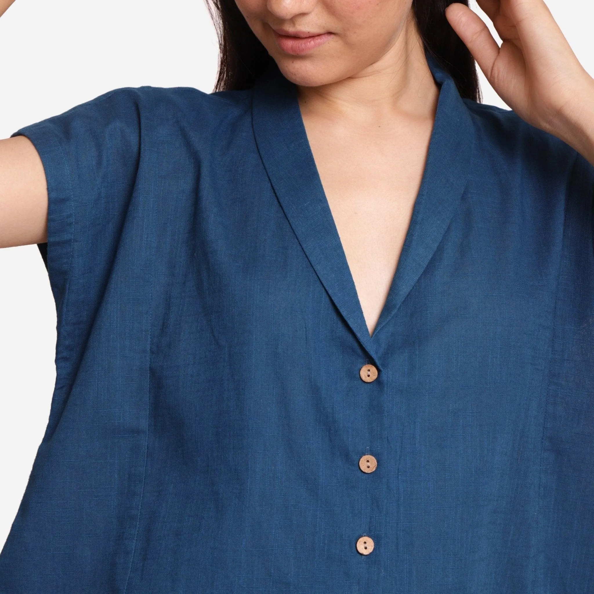 Teal Shawl Collar Button-Down Cotton Crop Top