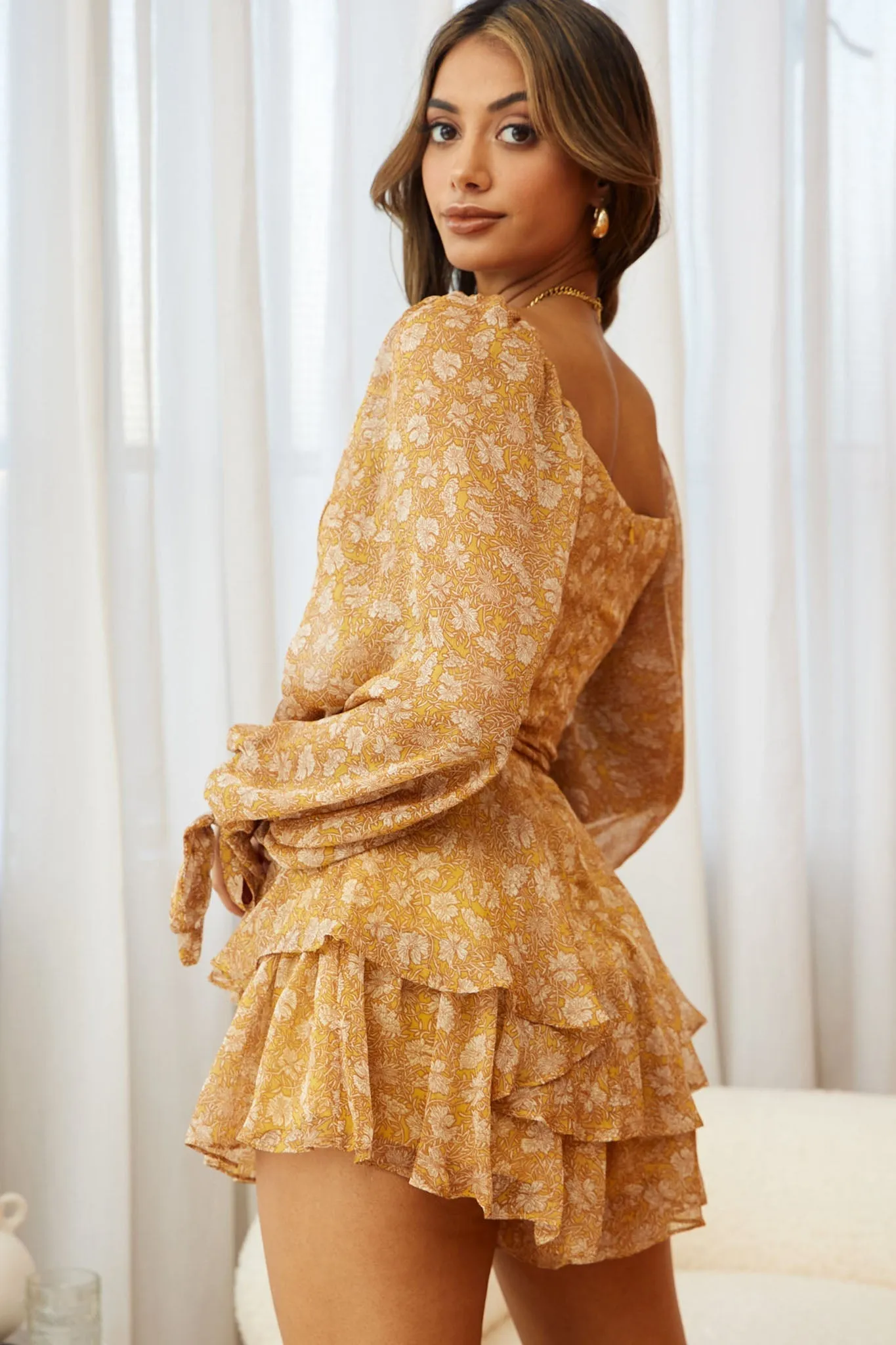 True Love Long Balloon Sleeve Layered Flounce Romper Floral Print Mustard