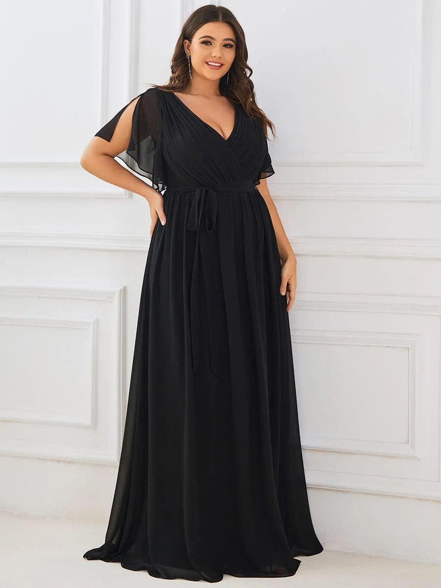 V-Neck Flutter Sleeve Floor-Length A-Line Chiffon Evening Dress
