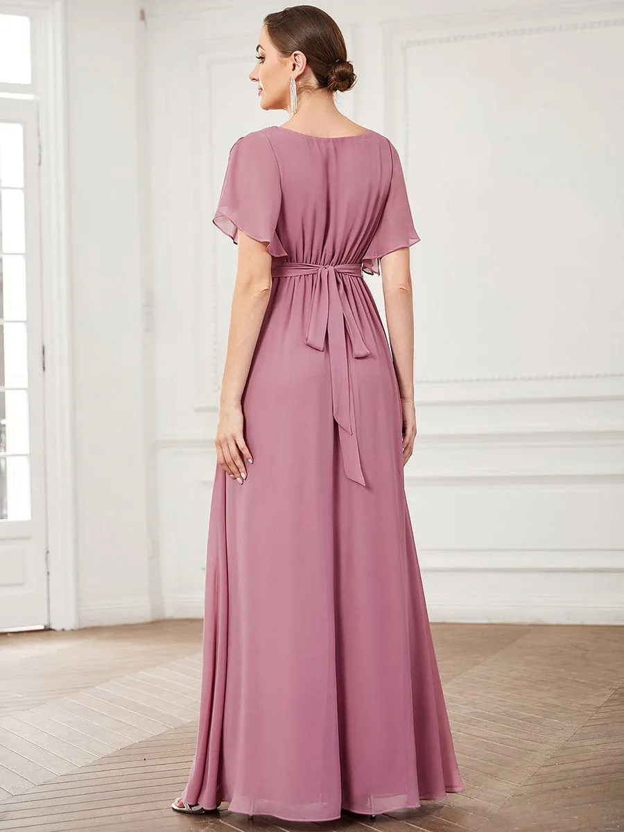 V-Neck Flutter Sleeve Floor-Length A-Line Chiffon Evening Dress