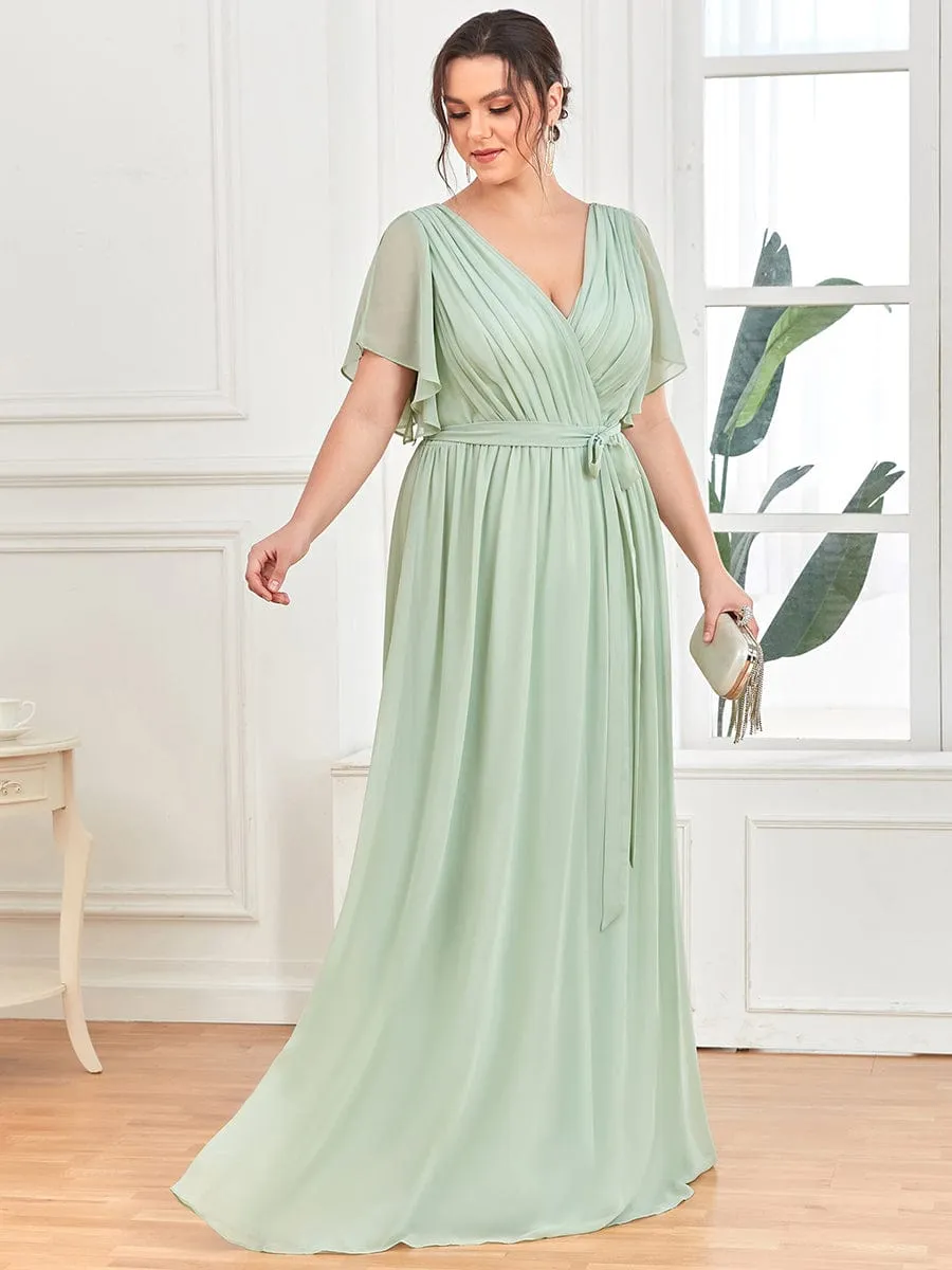 V-Neck Flutter Sleeve Floor-Length A-Line Chiffon Evening Dress