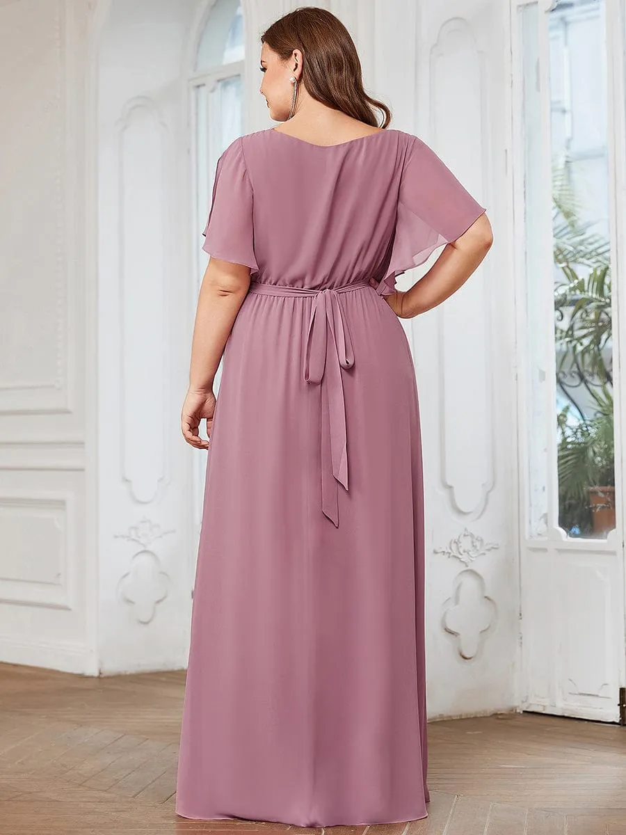 V-Neck Flutter Sleeve Floor-Length A-Line Chiffon Evening Dress
