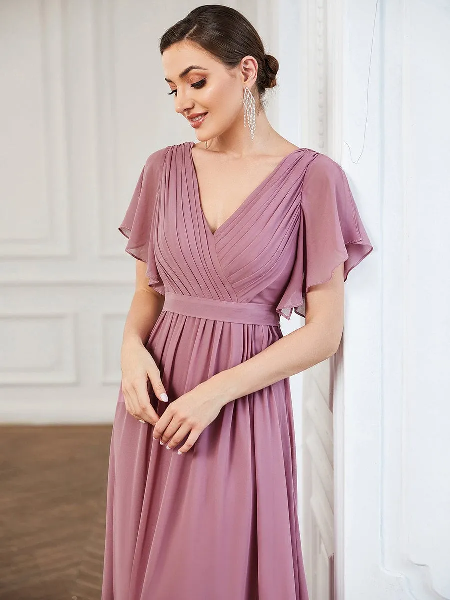 V-Neck Flutter Sleeve Floor-Length A-Line Chiffon Evening Dress