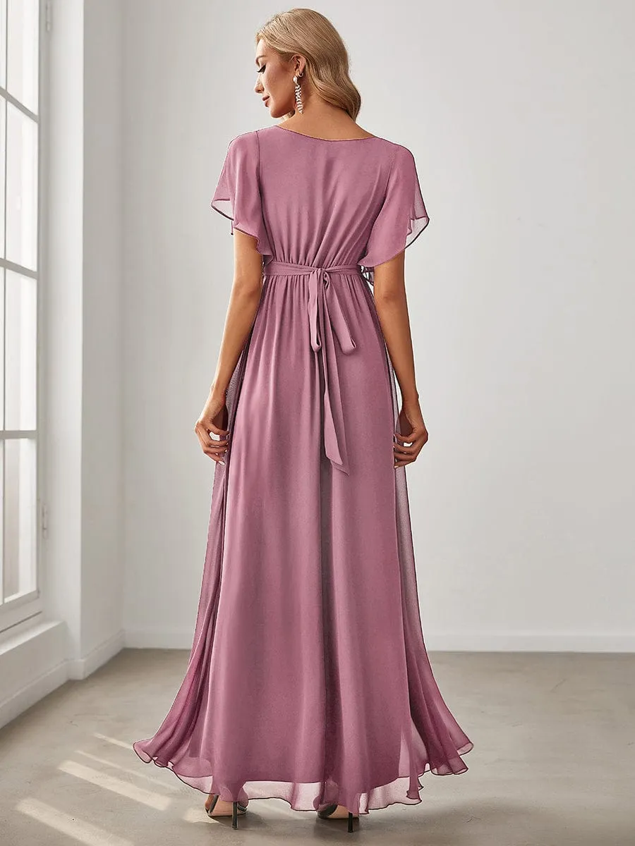 V-Neck Flutter Sleeve Floor-Length A-Line Chiffon Evening Dress