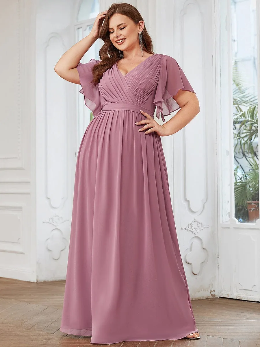 V-Neck Flutter Sleeve Floor-Length A-Line Chiffon Evening Dress