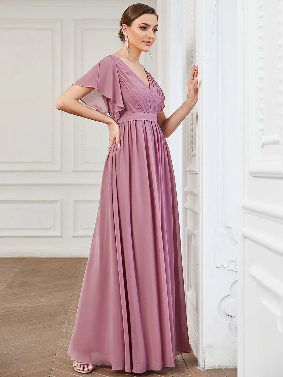 V-Neck Flutter Sleeve Floor-Length A-Line Chiffon Evening Dress