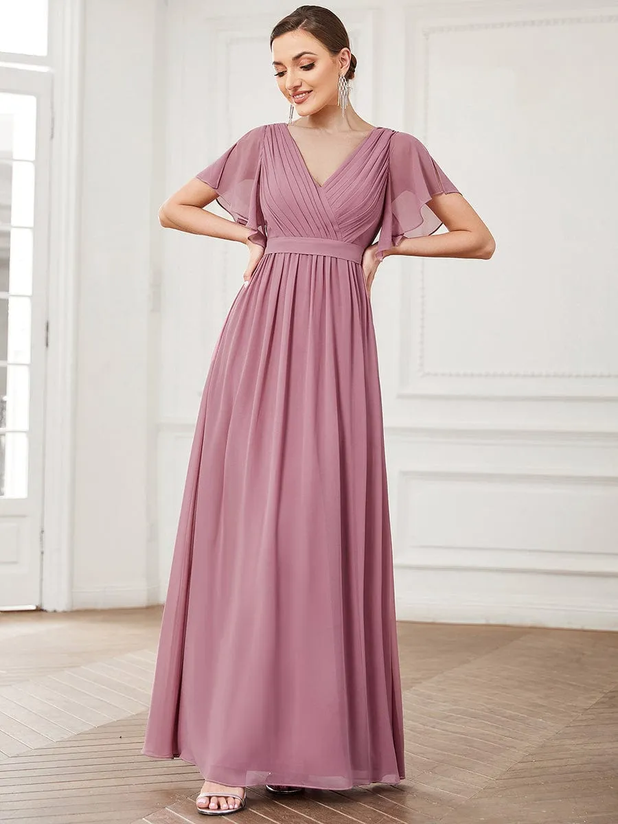 V-Neck Flutter Sleeve Floor-Length A-Line Chiffon Evening Dress