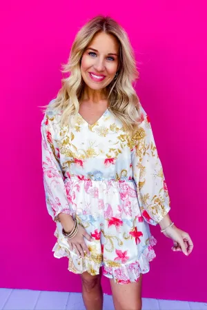 V Neck Multi Color Paisley Floral Lined Romper