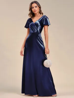 V Neck Ruffled Sleeves Satin Evening Dress(Final Sale)