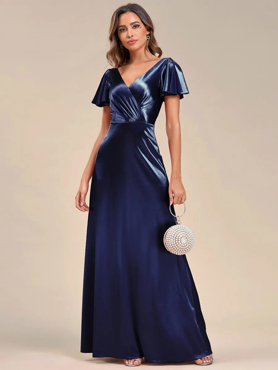 V Neck Ruffled Sleeves Satin Evening Dress(Final Sale)