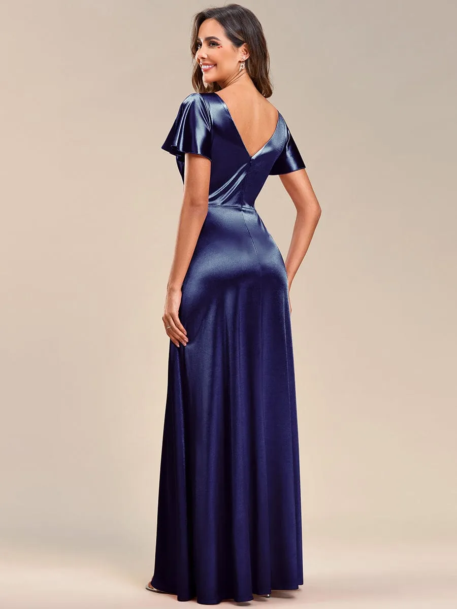 V Neck Ruffled Sleeves Satin Evening Dress(Final Sale)