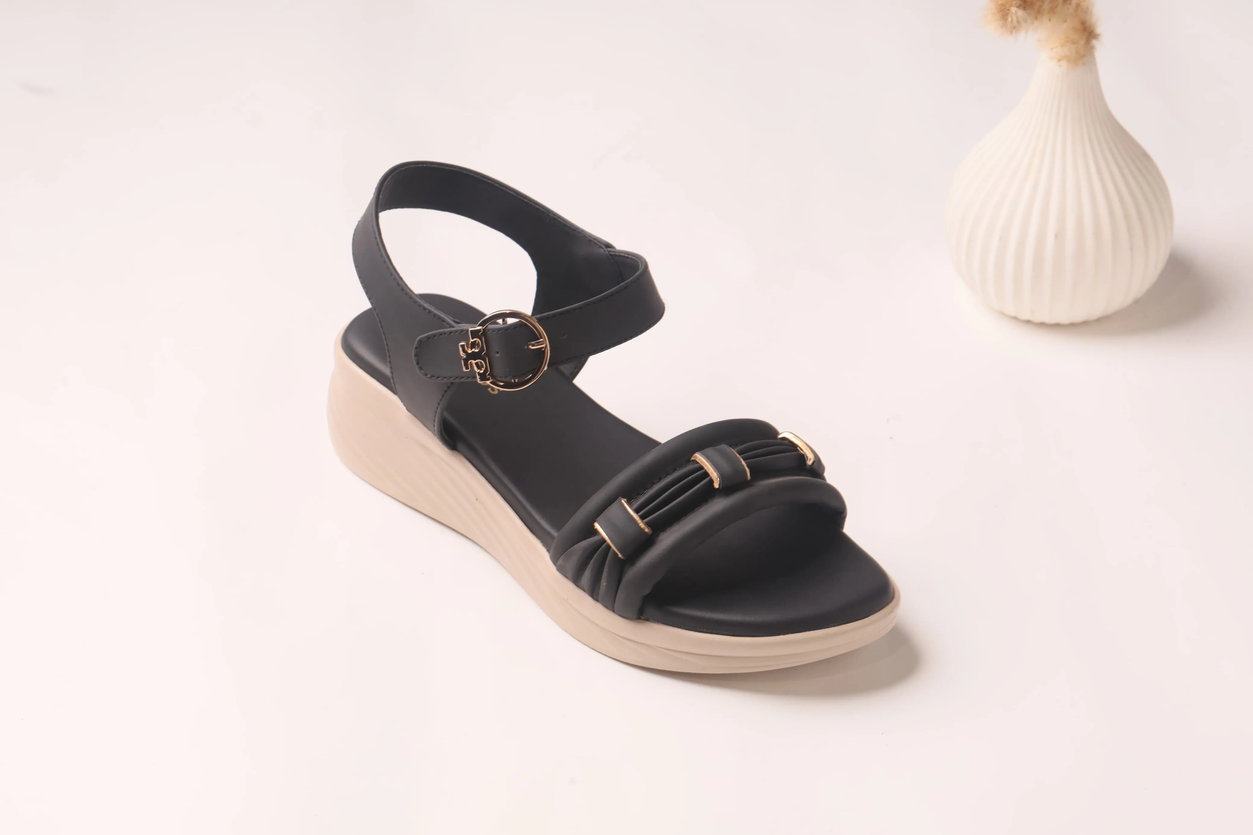 WALKBROS MEDICATED WEDGES SANDALS {  1  } - BLACK