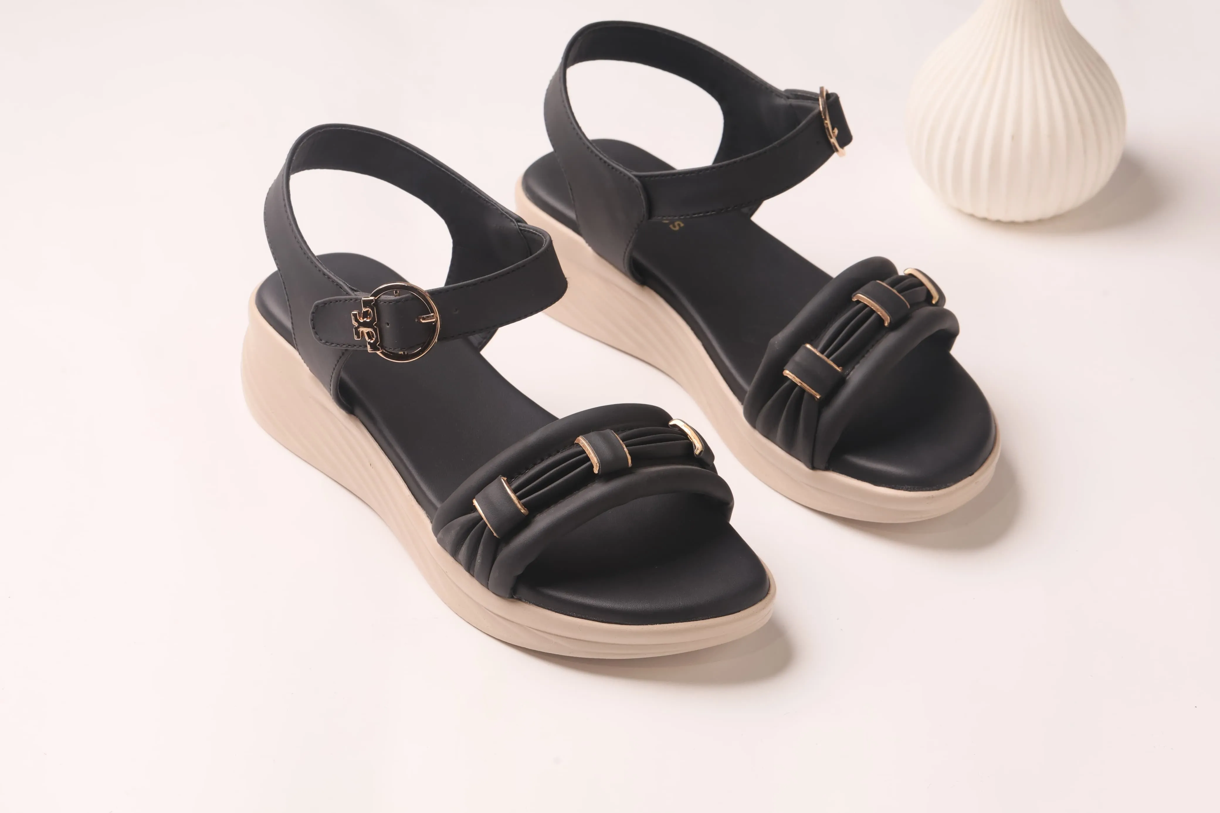 WALKBROS MEDICATED WEDGES SANDALS {  1  } - BLACK