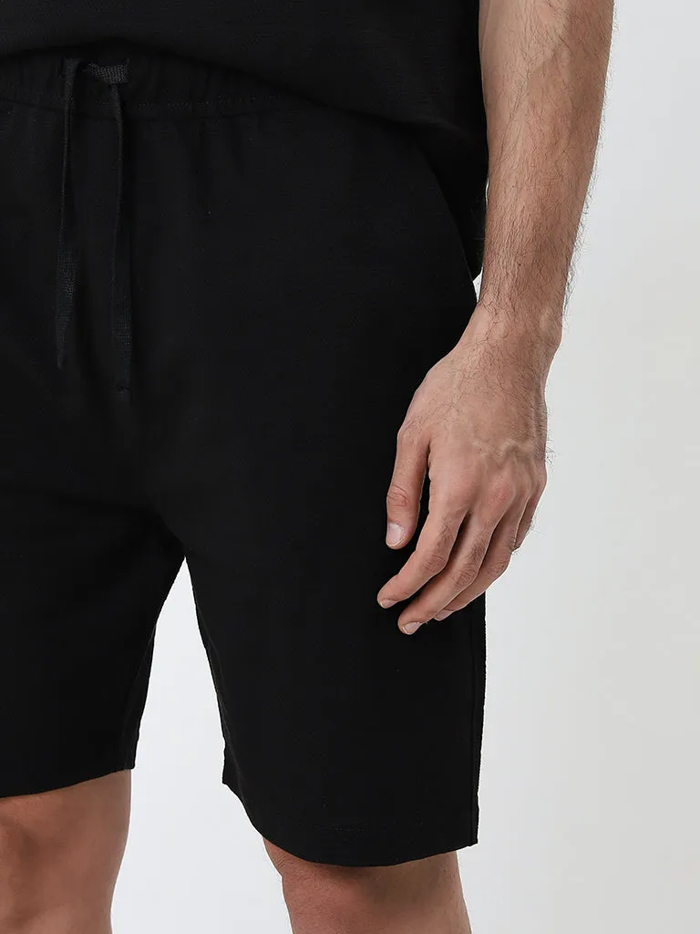 WES Lounge Black Mid-Rise Relaxed-Fit Cotton Blend Shorts