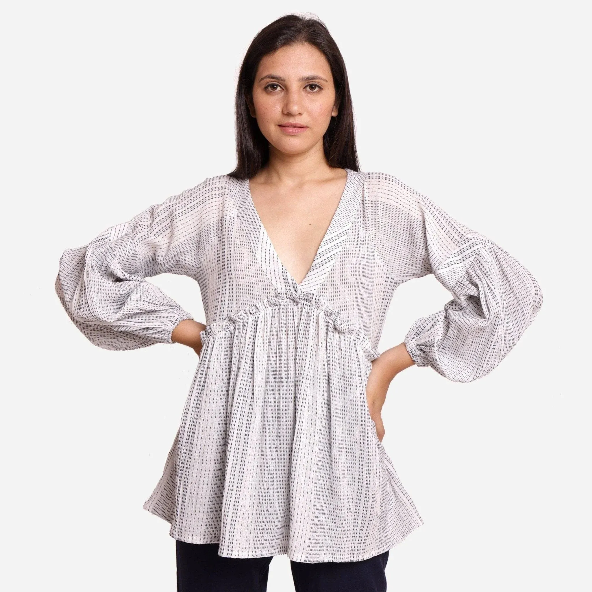White Crinkled Cotton Raglan Sleeves Flared Blouson