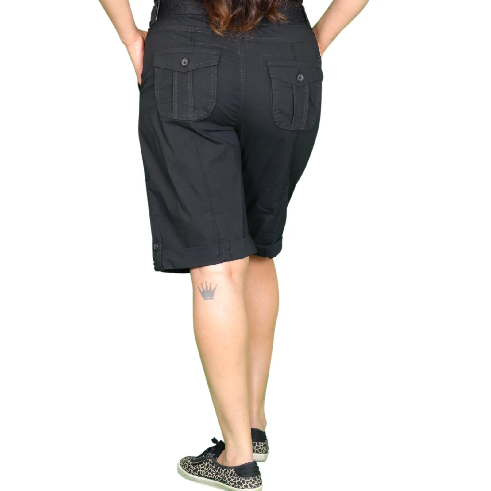 Womens Black Stretched Bermuda Relaxed- fit Short Pants