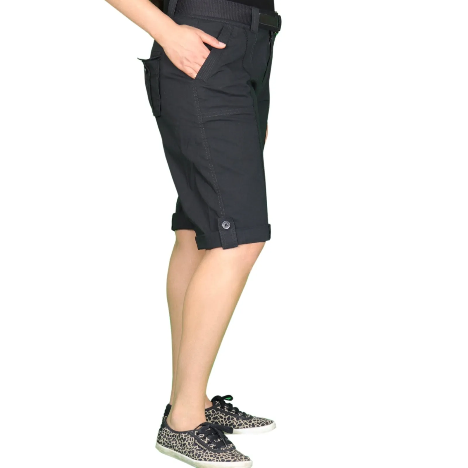 Womens Black Stretched Bermuda Relaxed- fit Short Pants