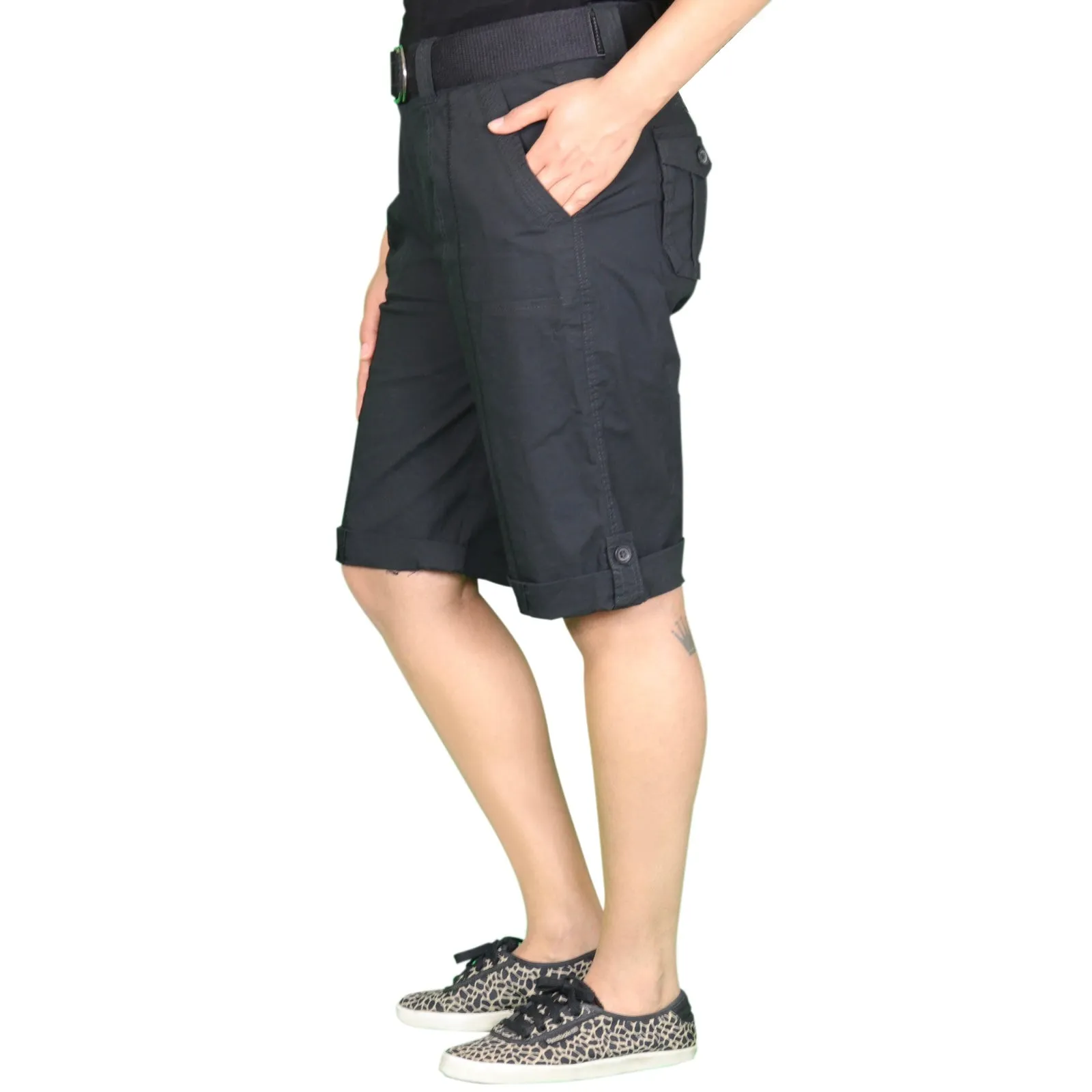 Womens Black Stretched Bermuda Relaxed- fit Short Pants