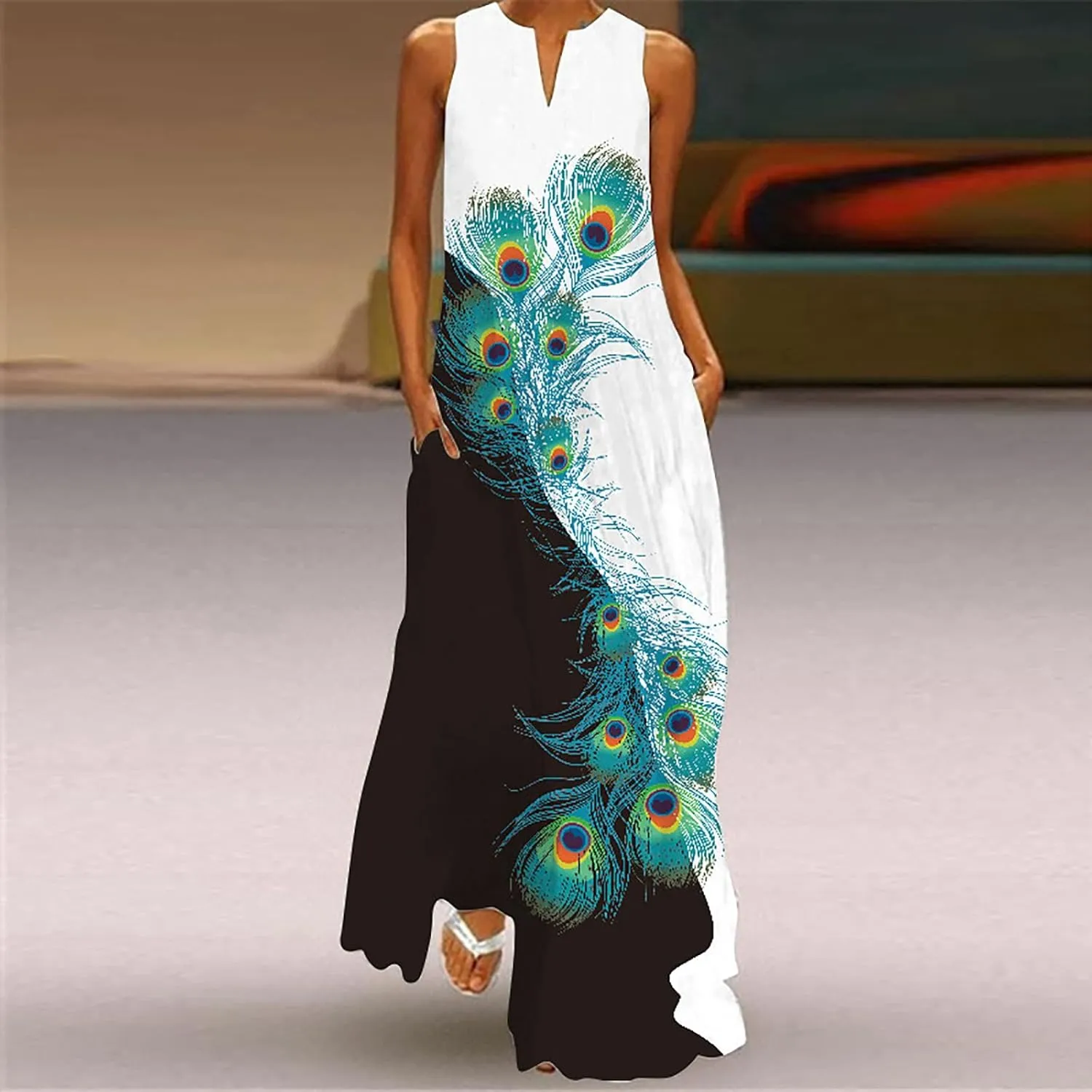 Women's Fashion Maxi Dresses Floral Boho Summer Dress Printed V Neck Sleeveless Casual Sundress with Pockets