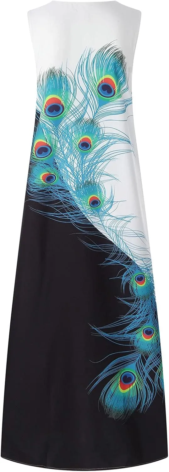 Women's Fashion Maxi Dresses Floral Boho Summer Dress Printed V Neck Sleeveless Casual Sundress with Pockets