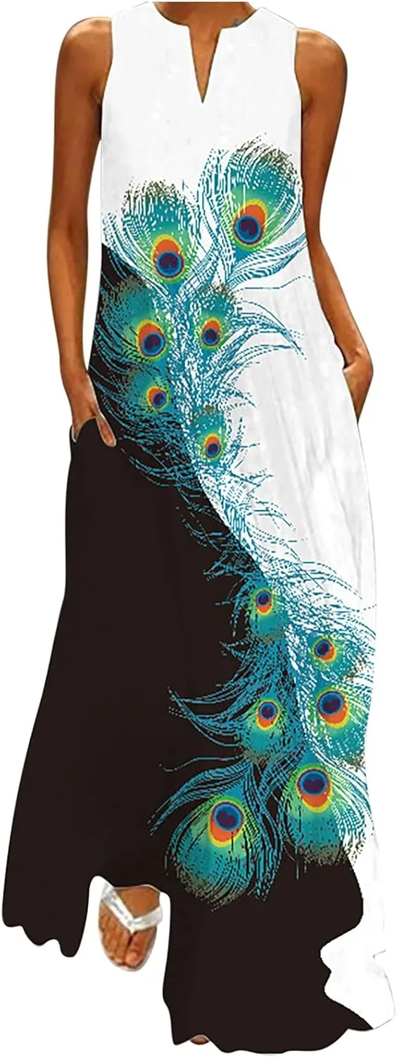 Women's Fashion Maxi Dresses Floral Boho Summer Dress Printed V Neck Sleeveless Casual Sundress with Pockets